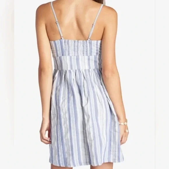 Roxy Blue White Stripe Tie Front Button Front Mini Dress Pockets Size M NWT‎